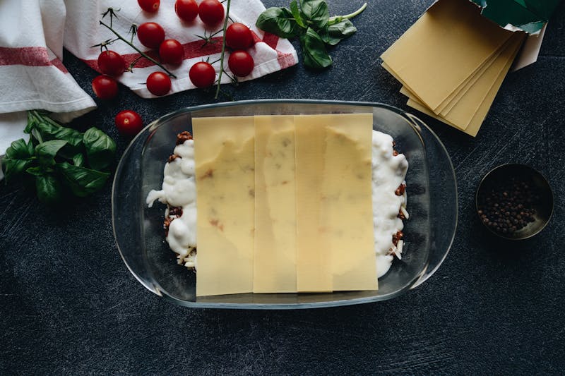 Lasagna with layers of pasta, meat, and béchamel